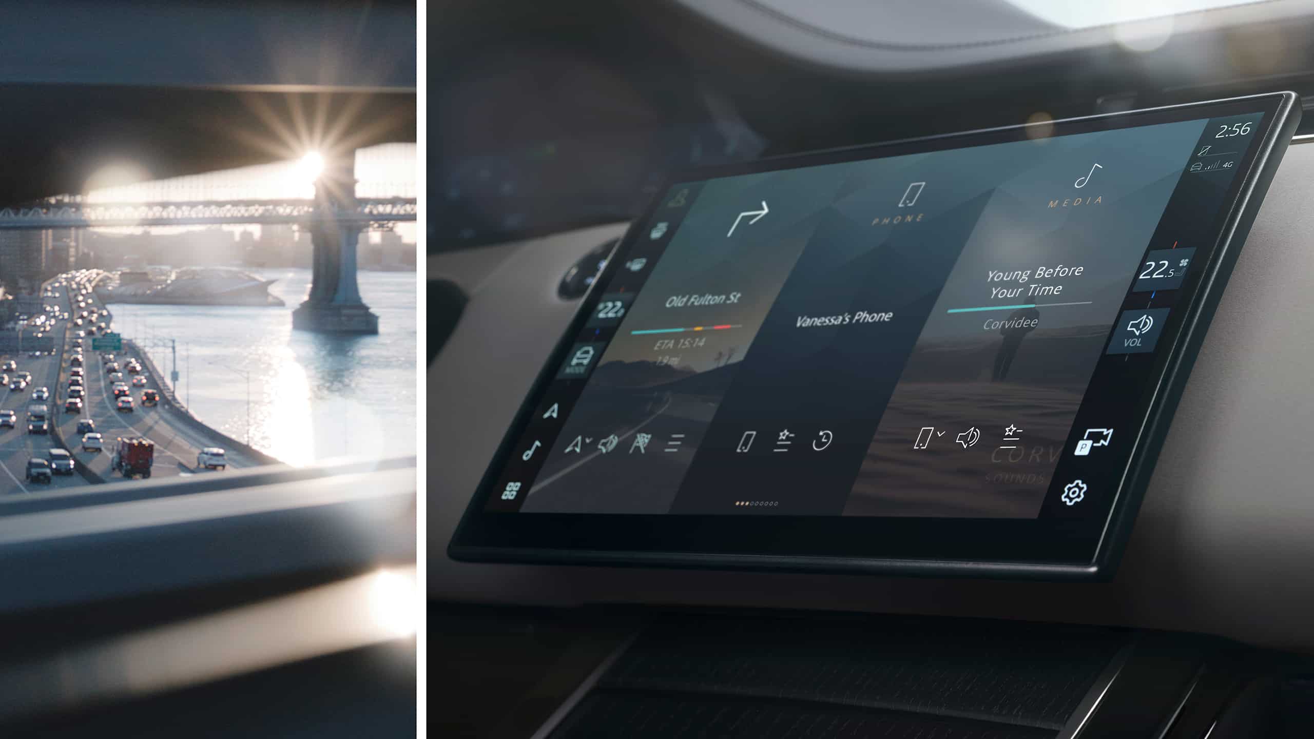 Montage of the Range Rover Evoque  infotainment system & city highway